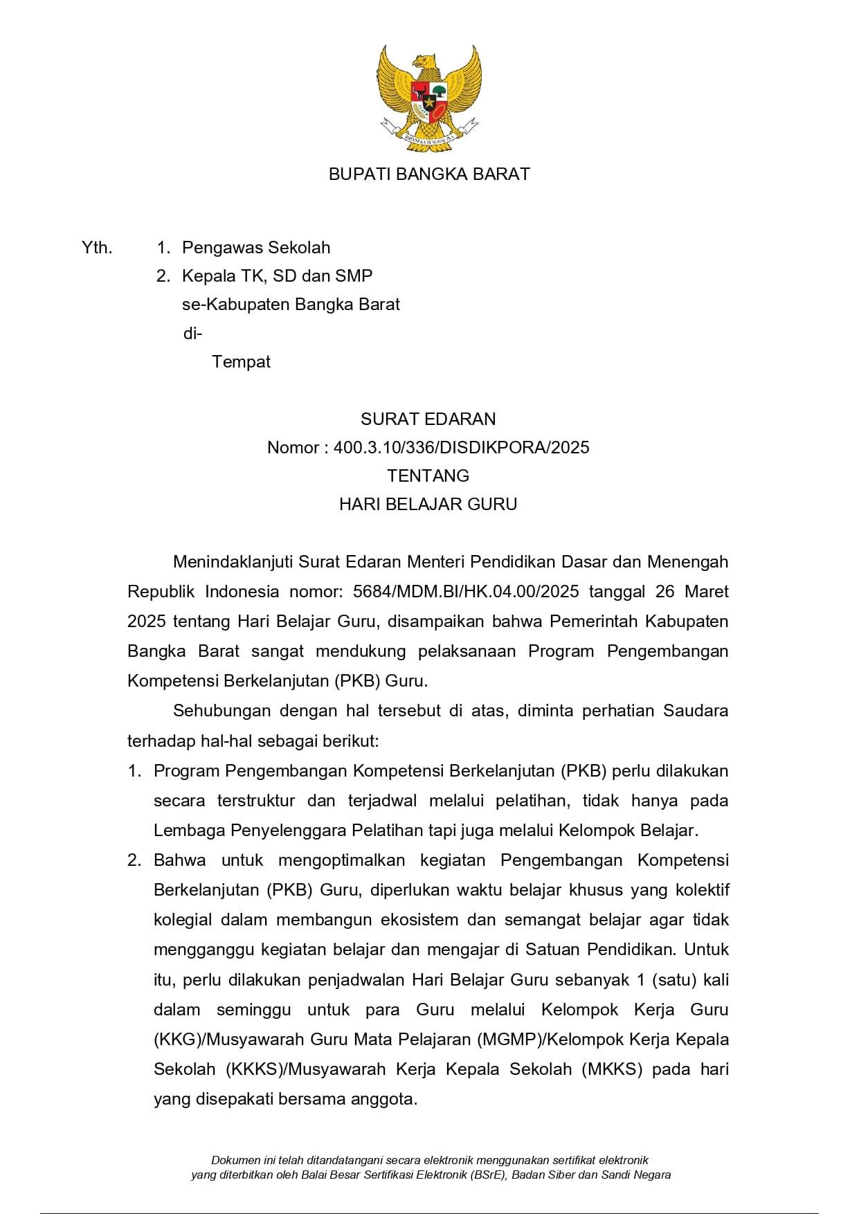 Surat Edaran Tentang Hari Belajar Guru