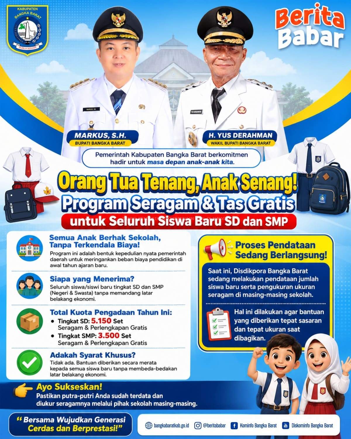 Pemkab Bangka Barat Gulirkan Program Seragam dan Tas Gratis untuk Seluruh Siswa Baru SD dan SMP